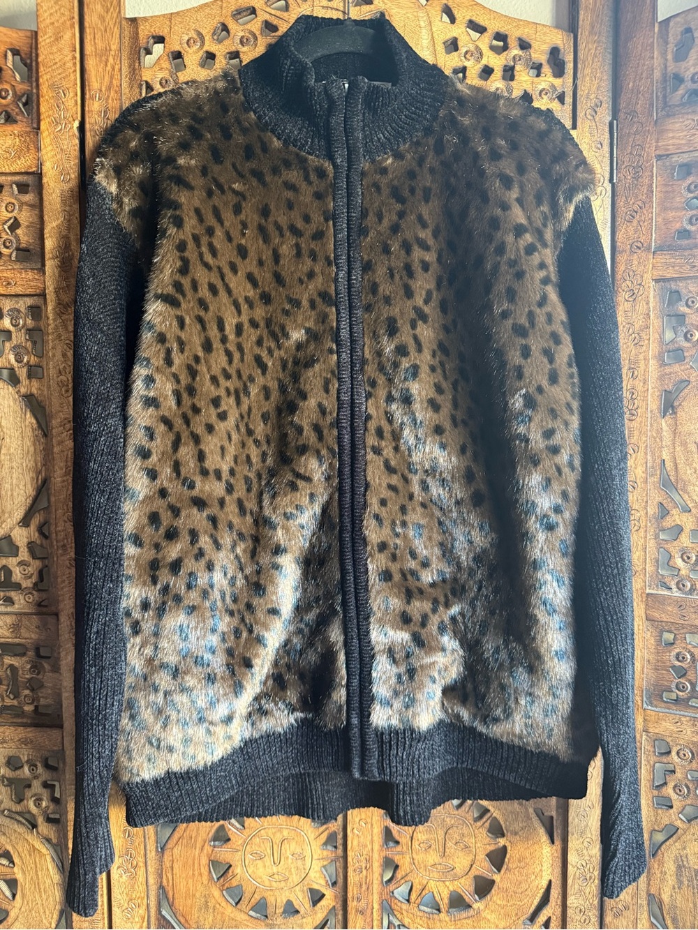 Vintage Lisa International Leopard Faux Fur Zip Cardigan XL